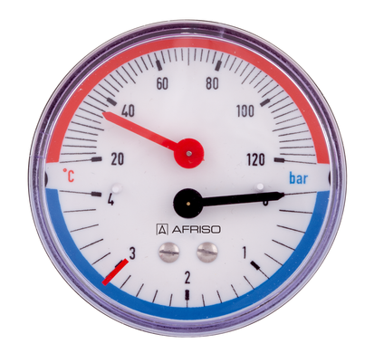 Термоманометр AFRISO ТМ80 0-6 бар, 20-120°С, радіальний, з монтажним клапаном R1/2" 63338 фото