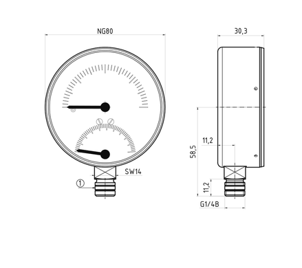 Термоманометр AFRISO ТМ80 0-6 бар, 20-120°С, радиальный, с монтажным клапаном R1/2" 63338 фото