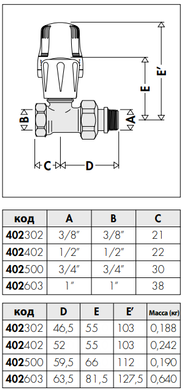 Кран-термостат універсальний радіаторний прямий Ø1/2" CALEFFI 402402 фото