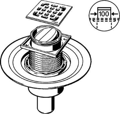 Трап ADVANTIX Ø50 (100х100 сталь) с сухим затвором, вертикальный отвод VIEGA (583224) 583224 фото