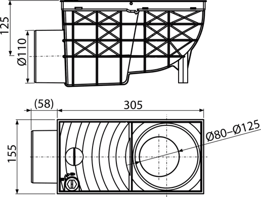Зливовідвід 300x155/110, бічна підводка, чорний AGV3 AGV3 фото