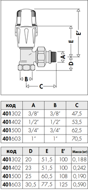 Кран-термостат універсальний радіаторний кутовий Ø1/2" CALEFFI 401402 фото