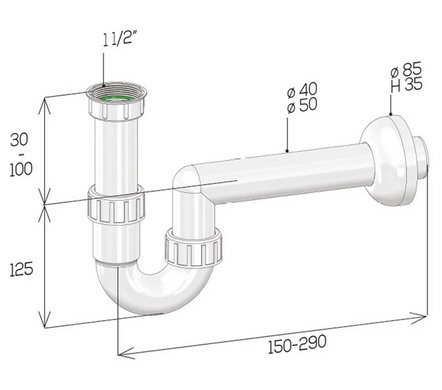 Сифон трубний для мийки Ghidini DN 40, 1 1/2" (125/1000) 125/1000 фото