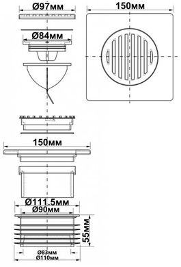 Трап вертикальний McALPINE зі сталевою решіткою 150х150 мм сухий затвор з випуском 90/110 мм (MRFGC3SSV-110) MRFGC3SSV-110 фото