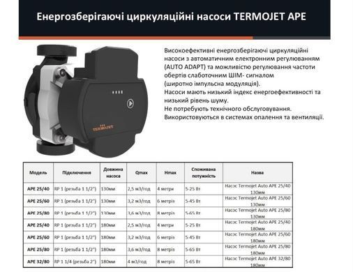 Циркуляційний енергозберігаючий насос Termojet APE 25/40 180 мм (APE 25-40x180) APE 25-40x180 фото
