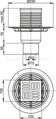 Трап AlcaPlast DN 50, решітка 105 &times; 105 мм, вертикальне відвідведення, мокрий затвор, для внутрішніх приміщень (APV201) APV201 фото
