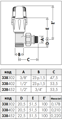 Кран-термостат радиаторный угловой М23 х Ø3/4" x 1/2" CALEFFI 338402 фото