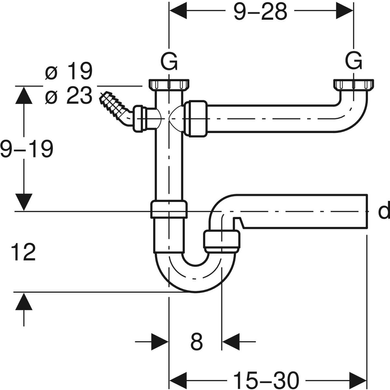 Сифон для подвійної кухонної раковини Geberit із кутовим шланговим з'єднувачем, d50 мм (152.715.11.1) 152.715.11.1 фото
