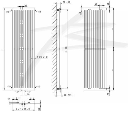 Вертикальний трубчастий радіатор PS Style 1 H-1800 мм, L-405 мм PS 1180/11 9005M 99 фото