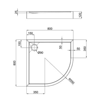 QT Душовий піддон ROBIN 308812C, напівкруглий, 80x80x12, акриловий + ніжки, діаметр зливу 90 мм + сифон з гідрозатвором хром ROBIN308812C фото