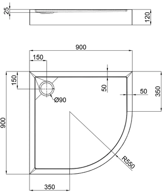 QT Душовий піддон ROBIN 309912C, напівкруглий, 90x90x12, акриловий + ніжки, діаметр зливу 90 мм + сифон з гідрозатвором хром (ROBIN309912C) ROBIN309912C фото