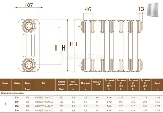 Трубчастий радіатор DeLonghi Multicolumn H=570, 3-14 секцій (бокове 1/2") RAL9005МATT 0Q1030570140000RAL9005М фото