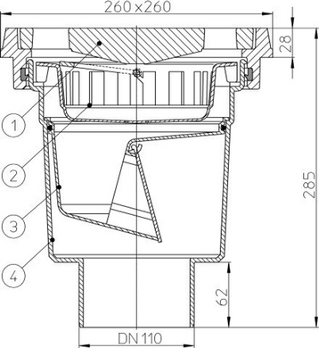 Трап Hutterer & Lechner DN 110, решітка 226 &times; 226 мм, горизонтальный отвод, сухой затвор, для підвальних приміщень (HL606/1) HL606/1 фото