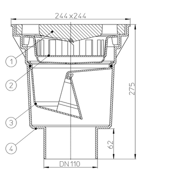 Трап Hutterer & Lechner DN 110, решетка 226 &times; 606 мм, вертикальный отвод, сухой затвор, для подвальных помещений (HL606.1/1) HL606.1/1 фото