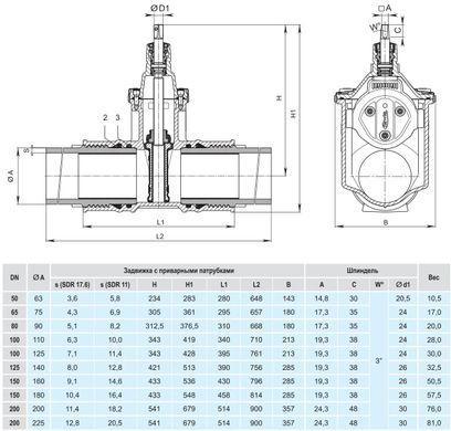 Задвижка Hawle 4051E3 чугунная, с приварными патрубками, PE100/SDR17,6 DN 50/63, PN10 (5018178) 5018178 фото