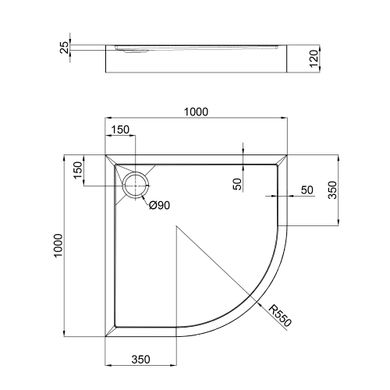 QT Душовий піддон ROBIN 301112, напівкруглий, 100x100x12, акриловий + ніжки, діаметр зливу 90 мм ROBIN301112 фото