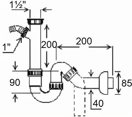 Сифон трубный для мойки Ghidini DN 40, 1 1/2", с возможностью подключения стиральной/посудомоечной машины, без выпуска (12911240) 12911240 фото