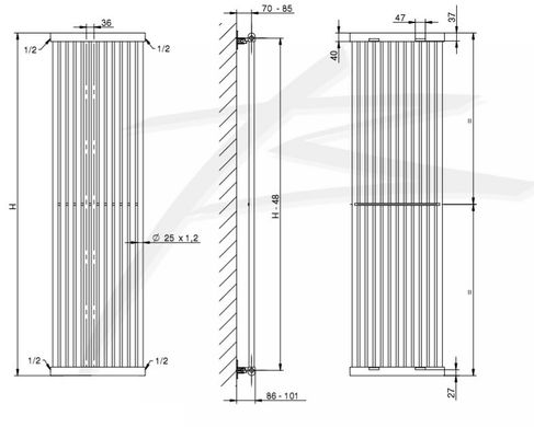 Вертикальний трубчастий радіатор PS Style 1 H-1800 мм, L-441 мм Betatherm з боковим підключенням PS 1180/12 9005M 34 фото