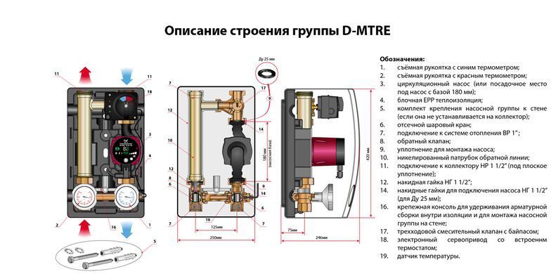 Насосная группа Meibes D-МTRE (с ограничением температуры обратной линии, электронный термостат 20-80 &deg; С) 1'' с насосом Grundfos Alfa2L 25-60 (103.20.025.02GFP) 103.20.025.02GFP фото