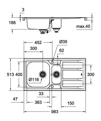 Мойка GROHE EX Sink K400+ из нержавеющей стали с доп. чашей (31569SD0) 31569SD0 фото