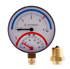 Термоманометр AFRISO ТМ80 0-4 бар, 20-120С, радиальный, с монтажным клапаном R1/2" 63337 фото
