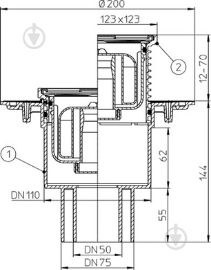 Трап Hutterer & Lechner DN 110, решітка 115 &times; 115 мм, вертикальне відвідведення, сухий затвор, для внутрішніх приміщень (HL73Pr) HL73Pr фото