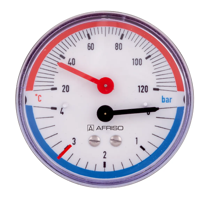 Термоманометр AFRISO ТМ80 0-4 бар, 20-120С, радиальный, с монтажным клапаном R1/2" 63337 фото
