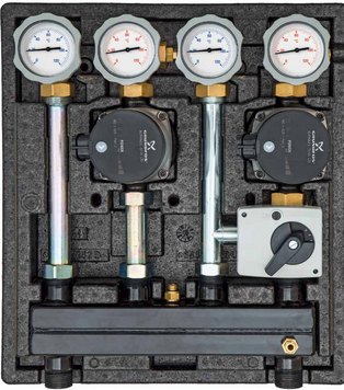 Насосная группа Meibes KOMBIMIX с GRUNDFOS UPM3S AUTO 15-60, 1 смесительный и 1 прямой контуры, с сервомотором (MEIH-26102.43) 000082981 фото